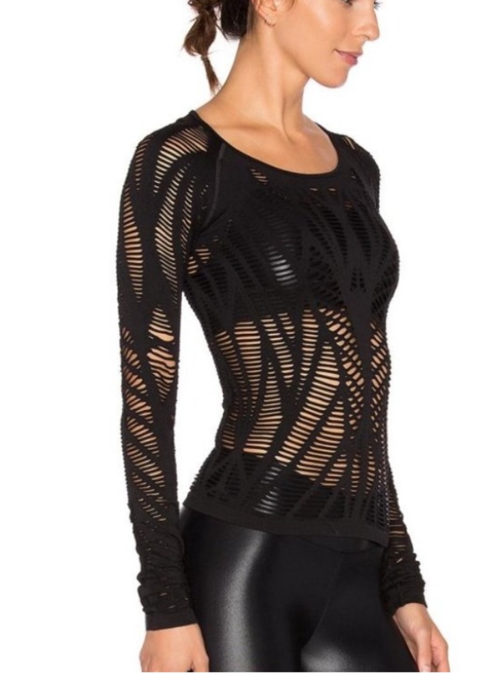 ALO YOGA Wanderer Laser Cut Out Long Sleeve Layering Tee size large black